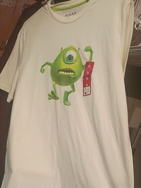Primark White Tee with Green Mike Wazowski Graphic and Red Tag-c1